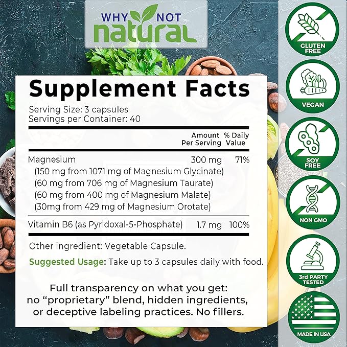 4-in-1 Magnesium Complex Supplement - Glycinate, Taurate, Malate, Orotate Blend - 300 mg per Serving, 120 Capsules