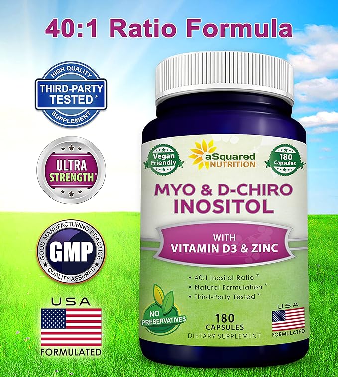 aSquared Nutrition Myo-Inositol & D-Chiro Inositol Supplement - 180 Capsules - Plus Vitamin D3 and Zinc - Myo & D-Chiro Inositol 40 to 1 Ratio - VIT B8 Complex Pills