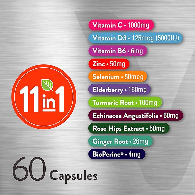 11 in 1 Multivitamin Immune Defense Supplement - Immune Booster Capsules with Vitamin D3, Vitamin B6, Echinacea, Turmeric, Rose-HIPS, Selenium, BioPerine, Ginger, Elderberry Vitamin C and Zinc