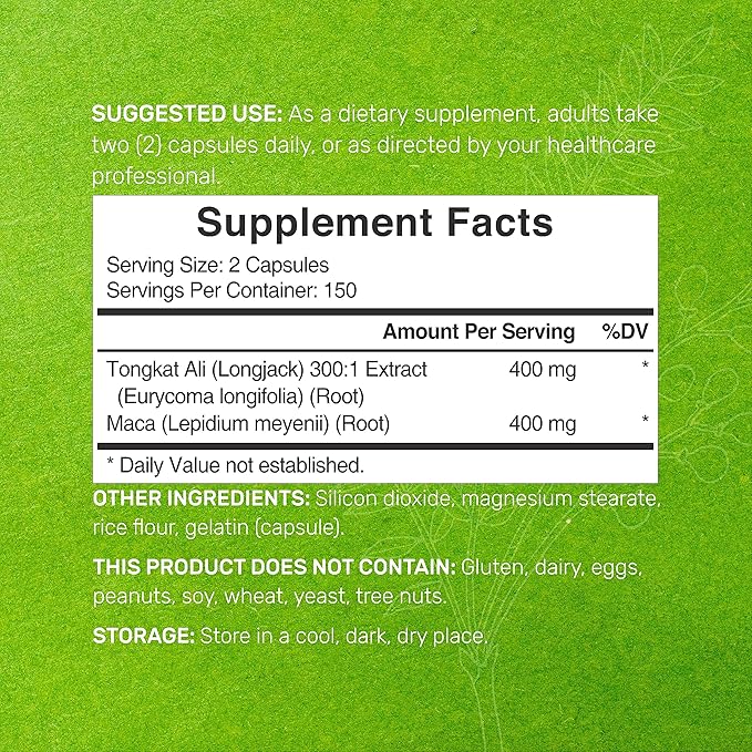 DEAL SUPPLEMENT Tongkat Ali Extract 300:1 400mg & Maca Root 400mg | 300 Capsules, Ultra Strength Longjack (Eurycoma Longifolia) + Peru Maca – Non-GMO, Herbal Supplement for Men Health, Performance