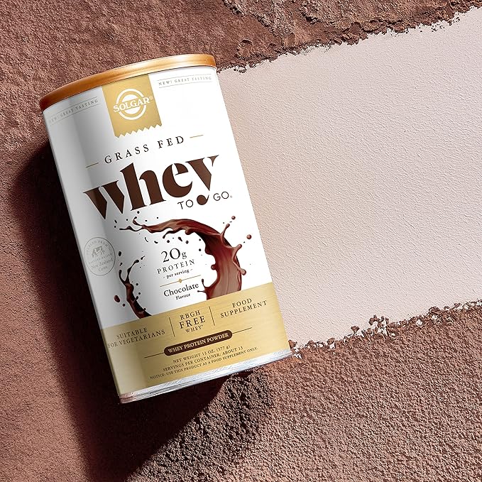 Solgar Grass Fed Whey to Go Protein Powder Chocolate, 2.3 lb - 20g of Grass-Fed Protein from New Zealand cows - Great Tasting & Mixes Easily - Supports Strength & Recovery - Non-GMO, 36 servings